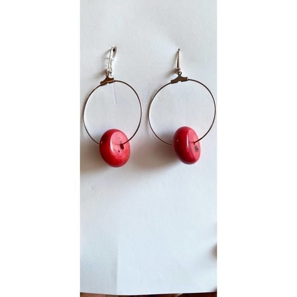 Coral Sterling Silver Dangle Hoop Earring - Picture 2 of 4